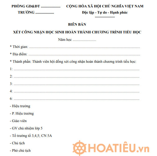 Mẫu biên bản công nhận học sinh hoàn thành chương trình tiểu học