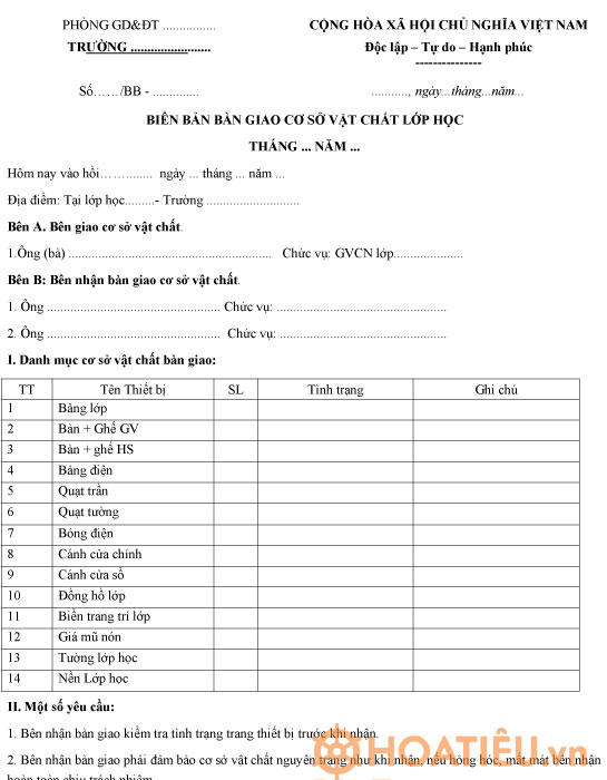 Mẫu biên bản bàn giao cơ sở vật chất lớp học	