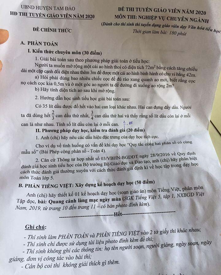 Đề thi tuyển viên chức ngành giáo dục tiểu học