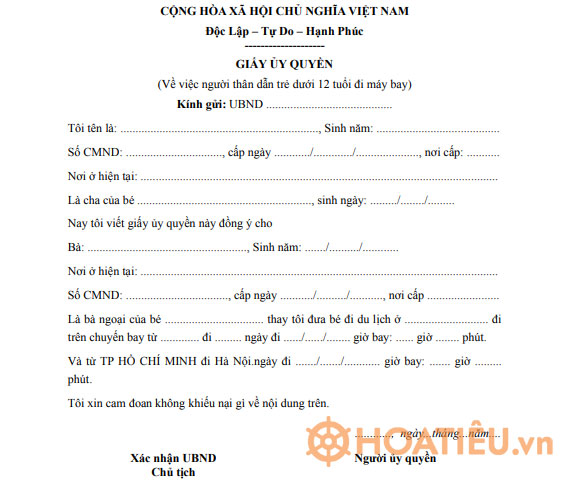 Mẫu giấy ủy quyền trẻ em đi máy bay với người thân