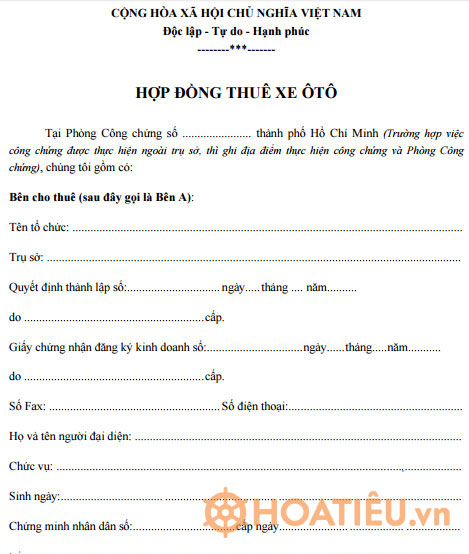 Mẫu hợp đồng thuê xe ôtô mới nhất Mẫu hợp đồng thuê xe ôtô