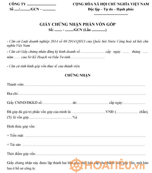 Mẫu giấy chứng nhận góp vốn