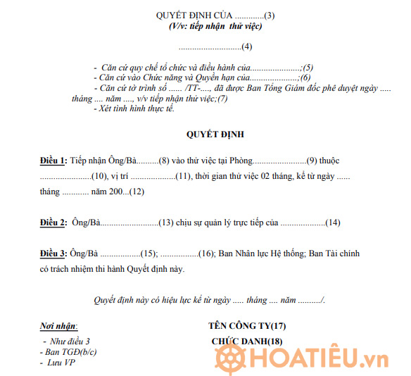 Mẫu quyết định tiếp nhận nhân viên thử việc 2016 Biểu mẫu quyết định tiếp nhận thử việc 2020