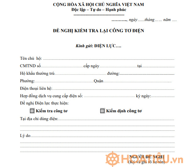 Mẫu đơn đề nghị kiểm tra công tơ điện
