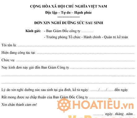 Mẫu đơn xin nghỉ dưỡng sức sau sinh