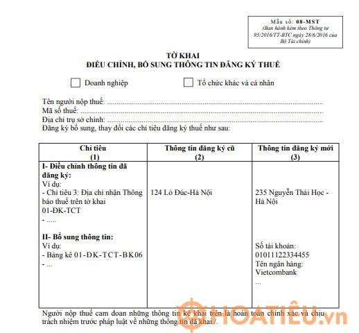 Tờ khai điều chỉnh đăng ký thuế - Mẫu số 08-MST