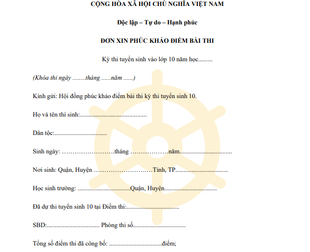 Mẫu đơn xin phúc khảo bài thi tuyển sinh vào lớp 10