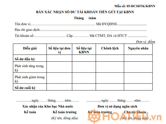 Mẫu bản xác nhận số dư tài khoản tiền gửi tại Kho bạc Nhà nước
