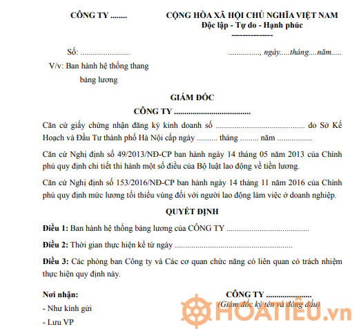 Mẫu quyết định ban hành hệ thống thang bảng lương của doanh nghiệp