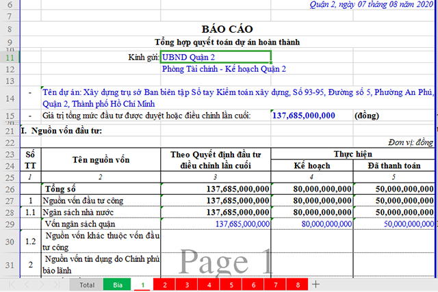 Mẫu quyết toán dự án hoàn thành excel
