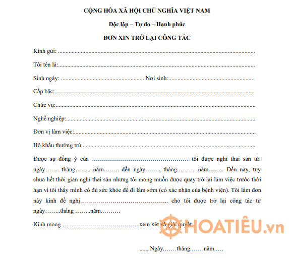 Mẫu đơn xin đi làm trước thời hạn nghỉ chế độ thai sản