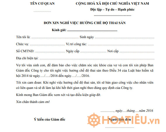 Mẫu đơn xin nghỉ việc hưởng chế độ thai sản đối với lao động nam