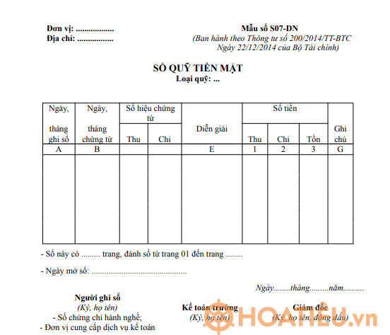 Mẫu sổ quỹ tiền mặt theo Thông tư 200