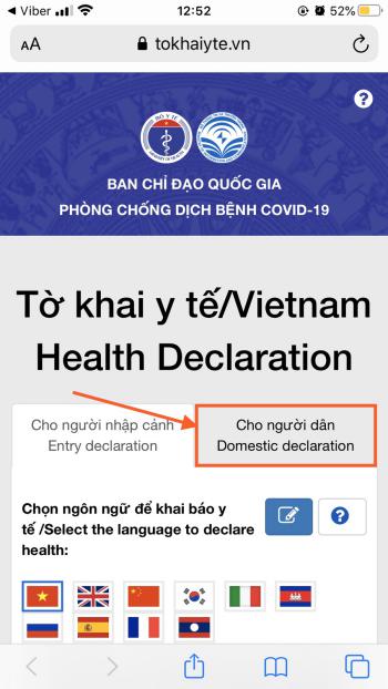 Giao diện chính của Tờ khai y tế