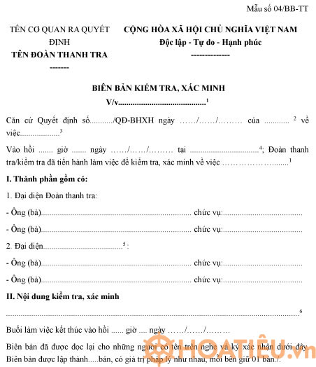 Mẫu số 04/BB-TT: Biên bản kiểm tra, xác minh