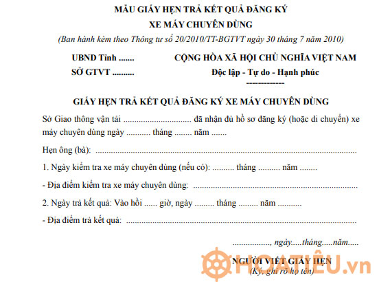 Mẫu giấy hẹn trả kết quả đăng ký xe máy chuyên dụng