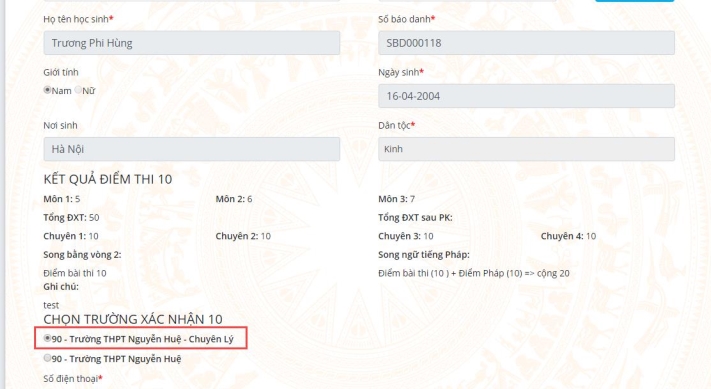 Thủ tục nhập học trực tuyến lớp 10