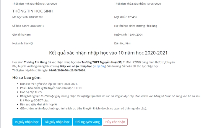 Hướng dẫn xác nhận nhập học tuyển sinh vào lớp 10 THPT năm học 2020-2021
