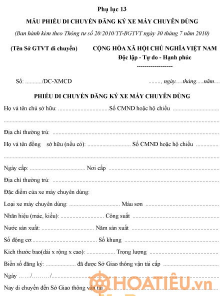 Phiếu di chuyển đăng ký xe máy chuyên dùng