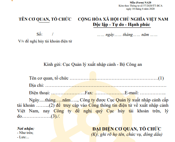 Văn bản đề nghị hủy tài khoản điện tử