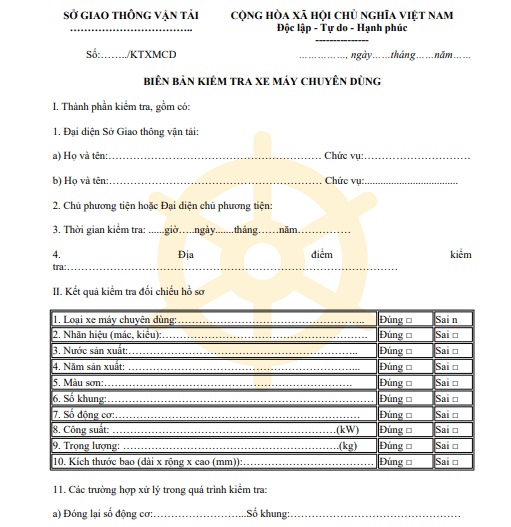 Biên bản kiểm tra xe máy chuyên dùng