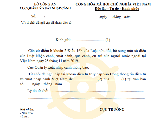 Công văn thông báo từ chối cấp tài khoản điện tử