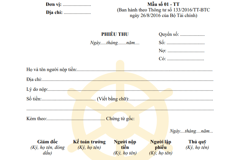 Mẫu phiếu thu theo Thông tư 133/2016/TT-BTC