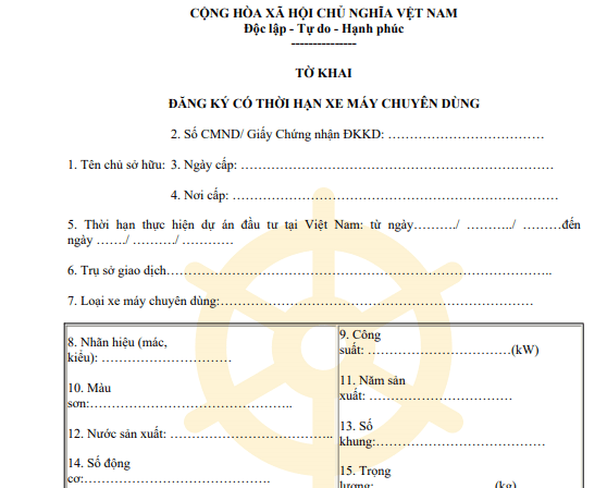 Mẫu tờ khai đăng ký xe máy chuyên dùng có thời hạn