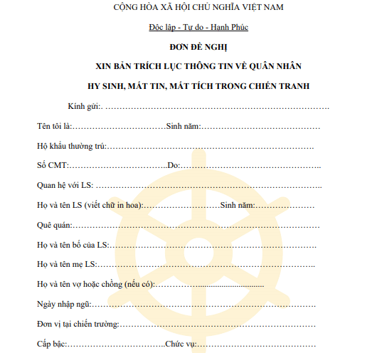 Đơn đề nghị cấp bản trích lục thông tin liệt sỹ