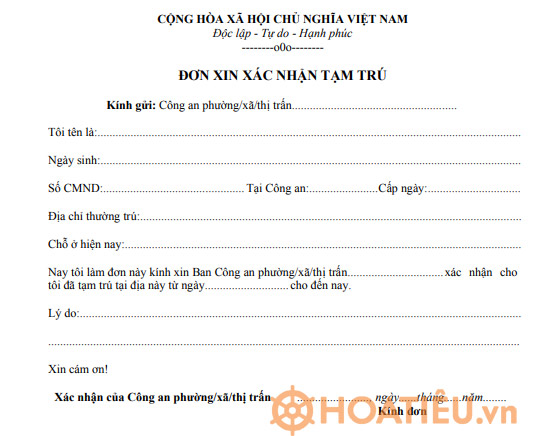 Đơn xin xác nhận tạm trú