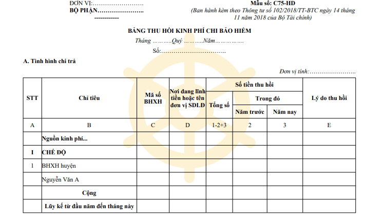 Mẫu số C75-HD: Bảng thu hồi kinh phí chi bảo hiểm
