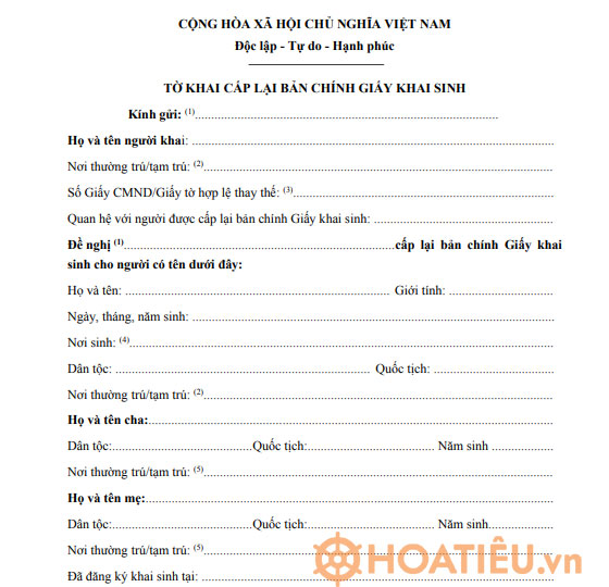 Mẫu tờ khai cấp lại bản chính giấy khai sinh