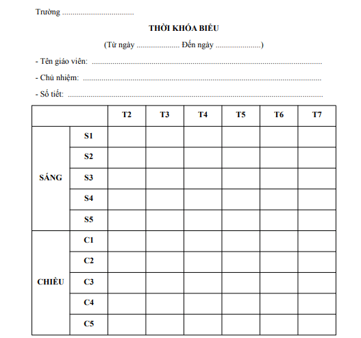 Mẫu thời khóa biểu dành cho giáo viên