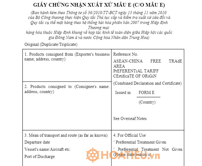 Mẫu giấy chứng nhận xuất xứ form E - CO form E