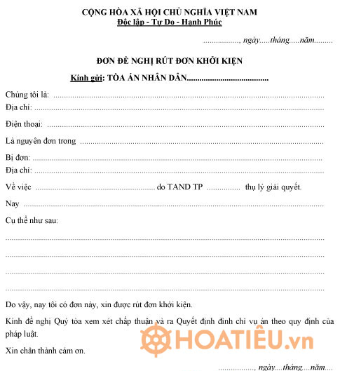 Mẫu đơn đề nghị rút đơn khởi kiện