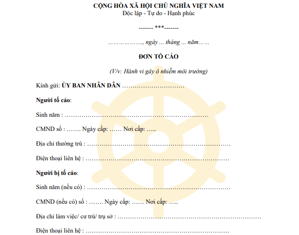 Mẫu đơn khiếu nại về ô nhiễm môi trường