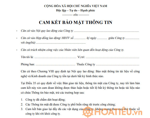 Cam kết bảo mật thông tin Mẫu cam kết bảo mật thông tin
