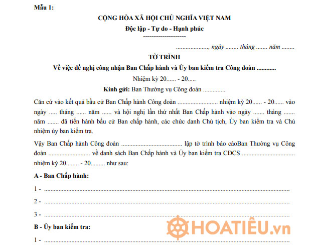 Mẫu tờ trình công nhận BCH công đoàn cơ sở