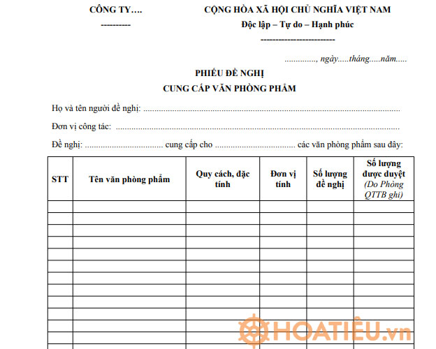 Mẫu phiếu đề nghị cung cấp văn phòng phẩm