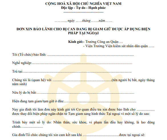 Mẫu đơn xin bảo lãnh cho bị can tại ngoại