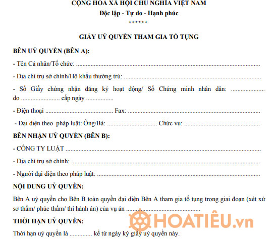 Mẫu giấy ủy quyền tham gia tố tụng