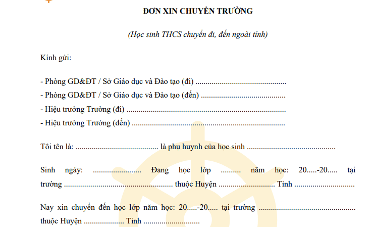 Đơn xin chuyển trường dùng cho học sinh THCS