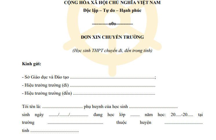 Đơn xin chuyển trường THPT đi đến trong tỉnh