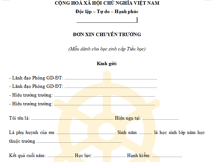 Mẫu đơn xin chuyển trường Tiểu học