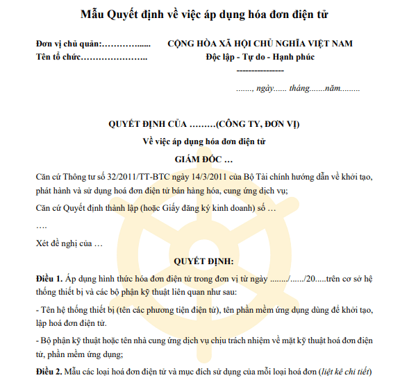 Mẫu Quyết định về việc áp dụng hóa đơn điện tử