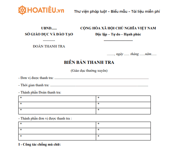 Mẫu biên bản thanh tra giáo dục thường xuyên