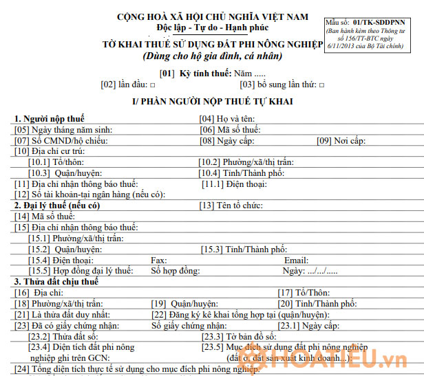 Mẫu 01/TK-SDDPNN: Tờ khai thuế sử dụng đất phi nông nghiệp dùng cho hộ gia đình, cá nhân