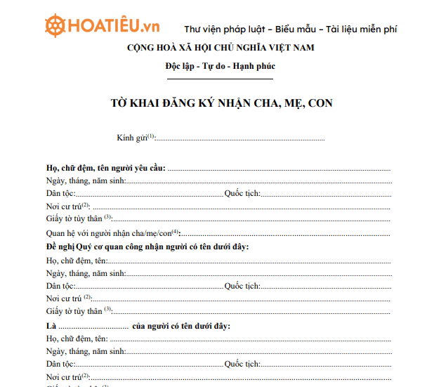 Tờ khai đăng ký việc nhận cha, mẹ, con