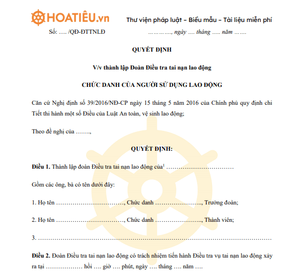 Mẫu quyết định thành lập đoàn điều tra tai nạn lao động