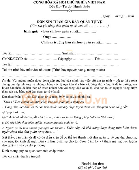 Mẫu đơn xin tham gia dân quân tự vệ